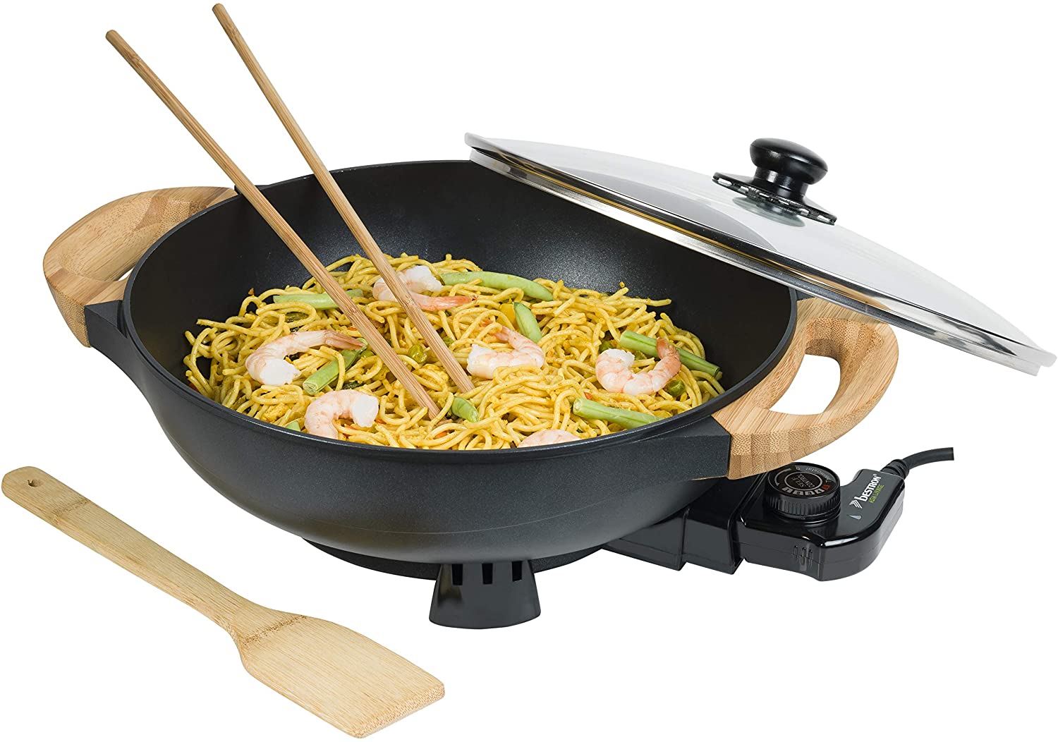 Bestron : wok électrique XL avec poêle antiadhésive et couvercle en verre